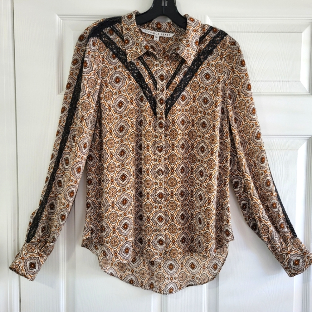 Veronica Beard Brown Geometric Button-Up Blouse with Black Lace Trim